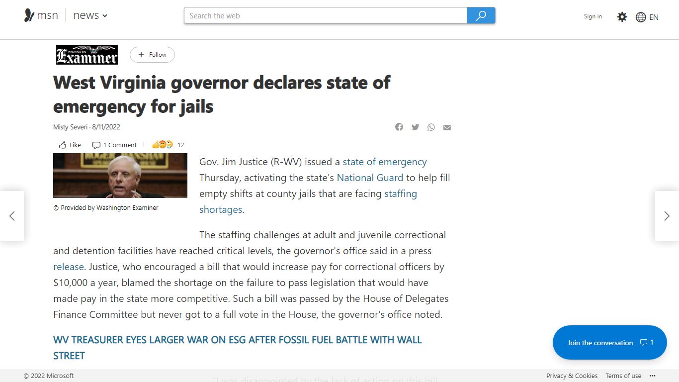 West Virginia governor declares state of emergency for jails